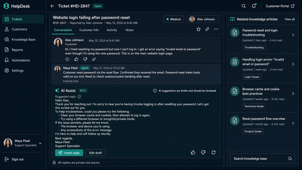 AI assist panel suggesting a reply beside a customer message