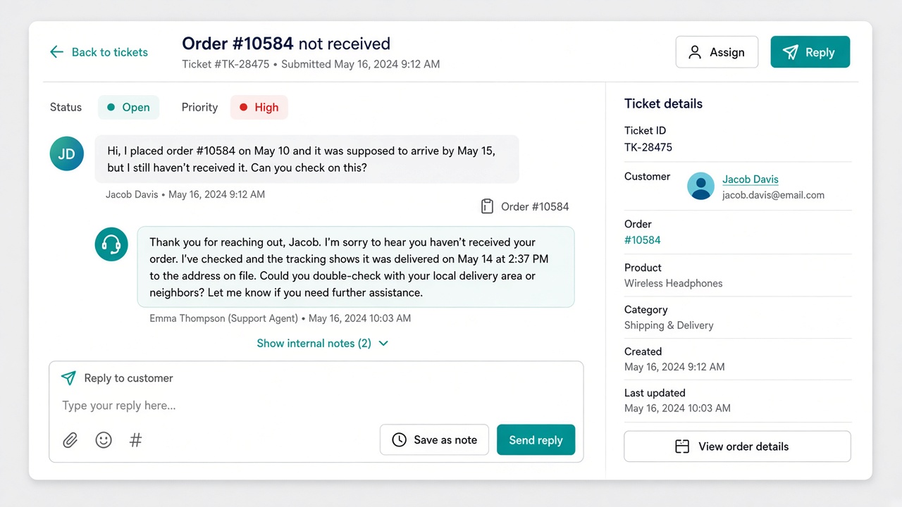Customer and agent conversation on a support ticket